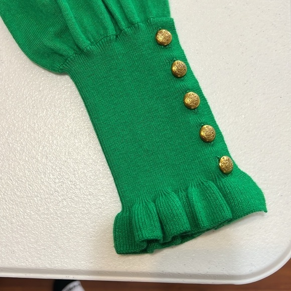 Lauren Ralph Lauren Black Label Sz M Sweater Emerald V Green Neck Ruffle Cuff - Picture 4 of 9